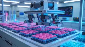 Illustration of a robotic system sorting stem cell-derived gastruloids to enhance research into early human development. Image generated by AI.