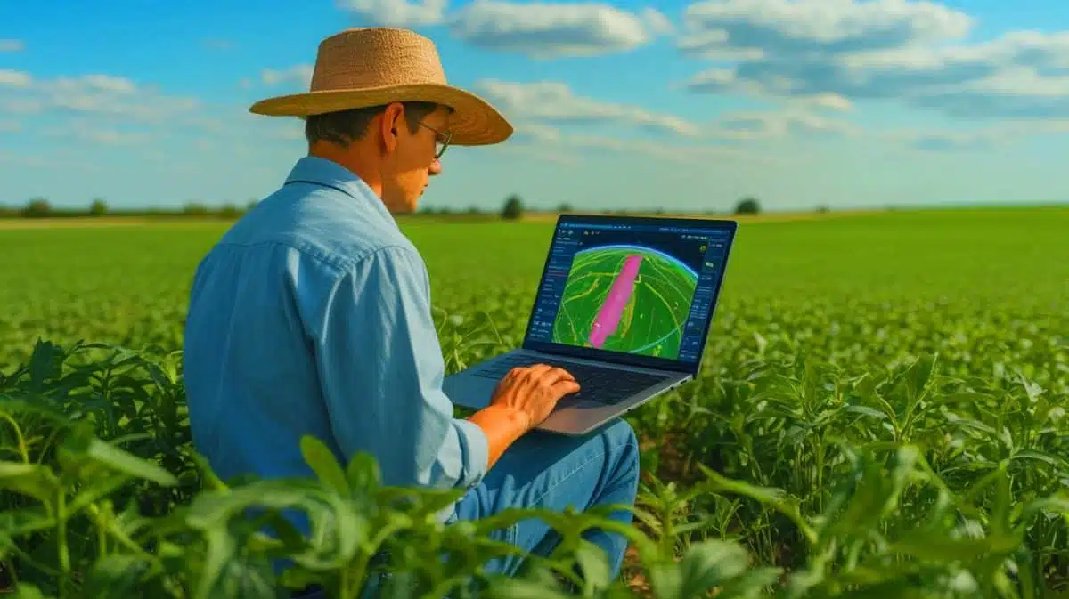 Illustration of the Sentinel GreenReport Plus app analyzing satellite data for crop monitoring. Image generated by AI.