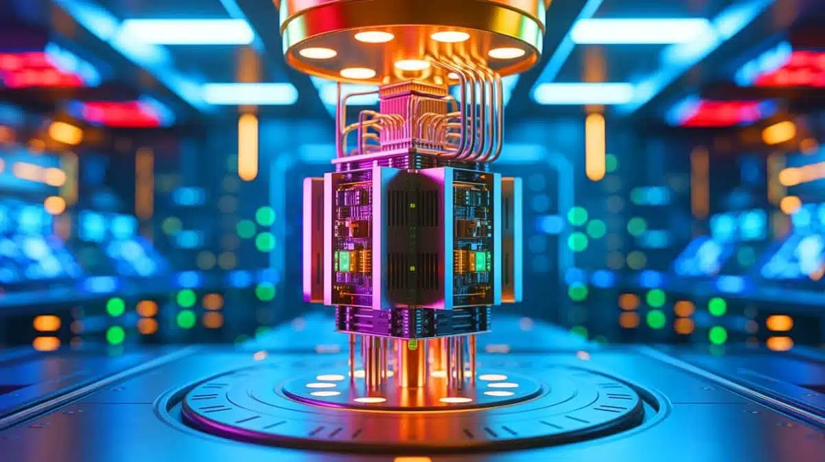 Illustration of an ultra-efficient quantum amplifier designed to reduce energy consumption in quantum computers. Image generated by AI.
