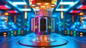 Illustration of an ultra-efficient quantum amplifier designed to reduce energy consumption in quantum computers. Image generated by AI.
