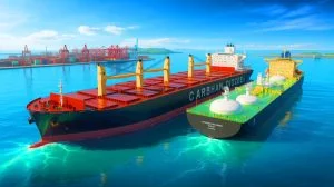Illustration of the world’s first ship-to-ship liquified carbon dioxide transfer at Yangshan Deep-Water Port. Image generated by AI.