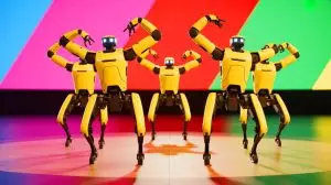Illustration of Boston Dynamics' Spot robots performing a dance routine on America’s Got Talent stage. Image generated by AI.