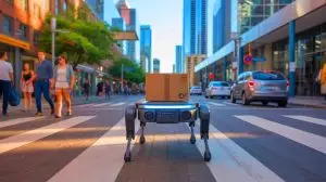 Illustration of a wheeled-legged robot delivering parcels in an urban setting. Image generated by AI.