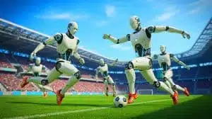 Illustration of humanoid robots competing in a soccer tournament in Beijing. Image generated by AI.