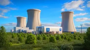 Illustration of Rolls-Royce's Small Modular Reactors powering UK homes. Image generated by AI.
