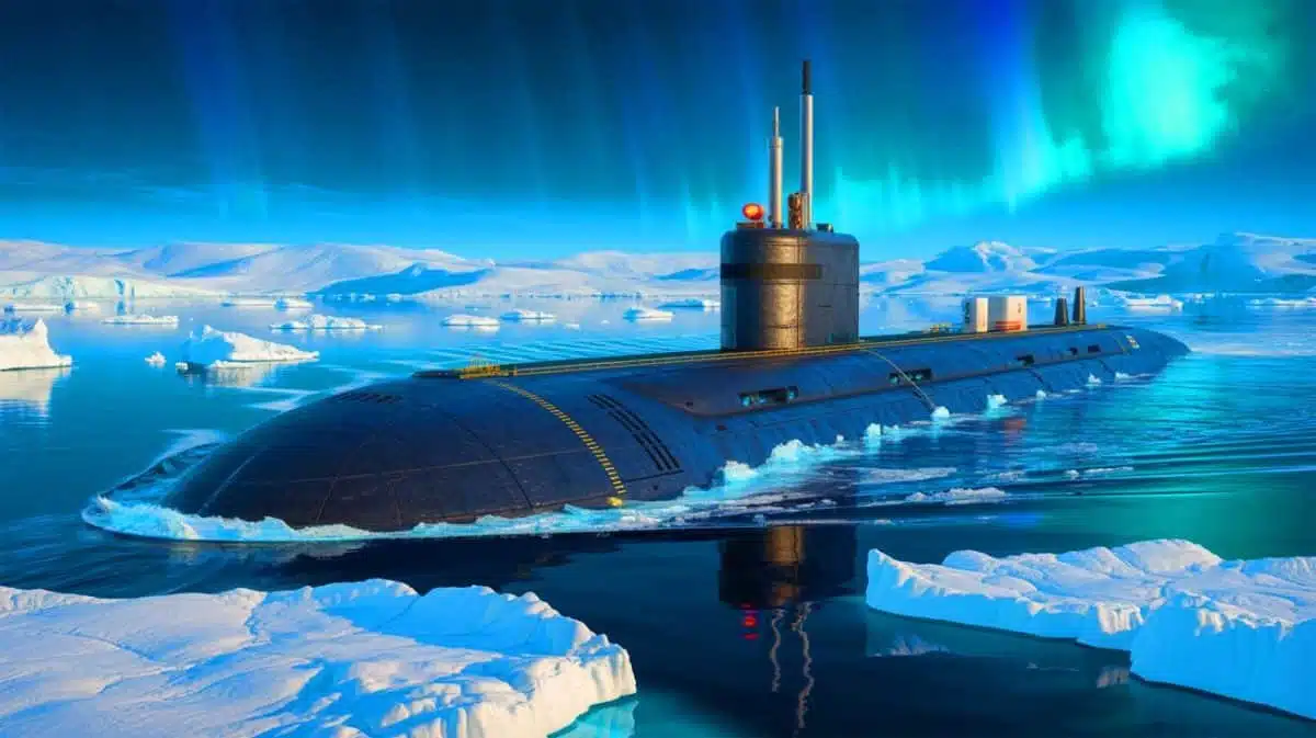 Illustration of nuclear-powered, LNG-carrying submarines navigating the Northern Sea Route in the Arctic. Image generated by AI.