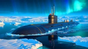 Illustration of nuclear-powered, LNG-carrying submarines navigating the Northern Sea Route in the Arctic. Image generated by AI.