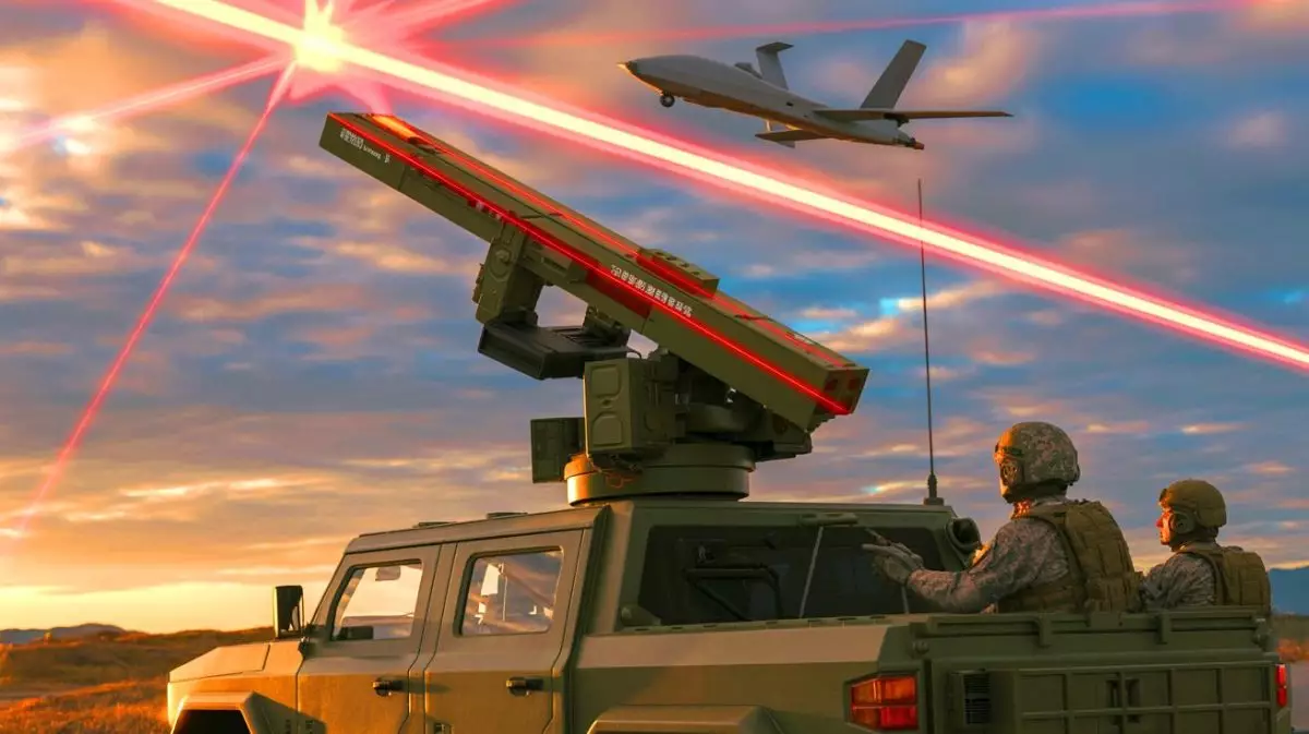 Illustration of a Chinese laser weapon system deployed by Russian forces to counter Ukrainian drones. Image generated by AI.