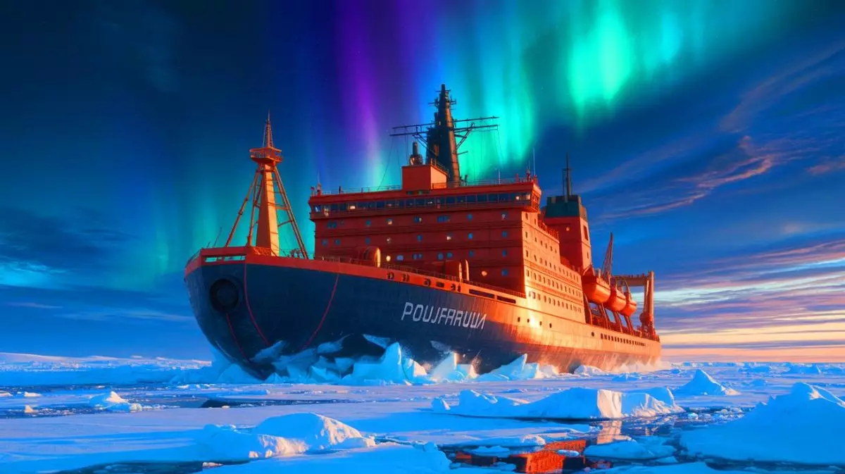 Illustration of Russia's nuclear icebreakers navigating the Arctic's Northern Sea Route. Image generated by AI.