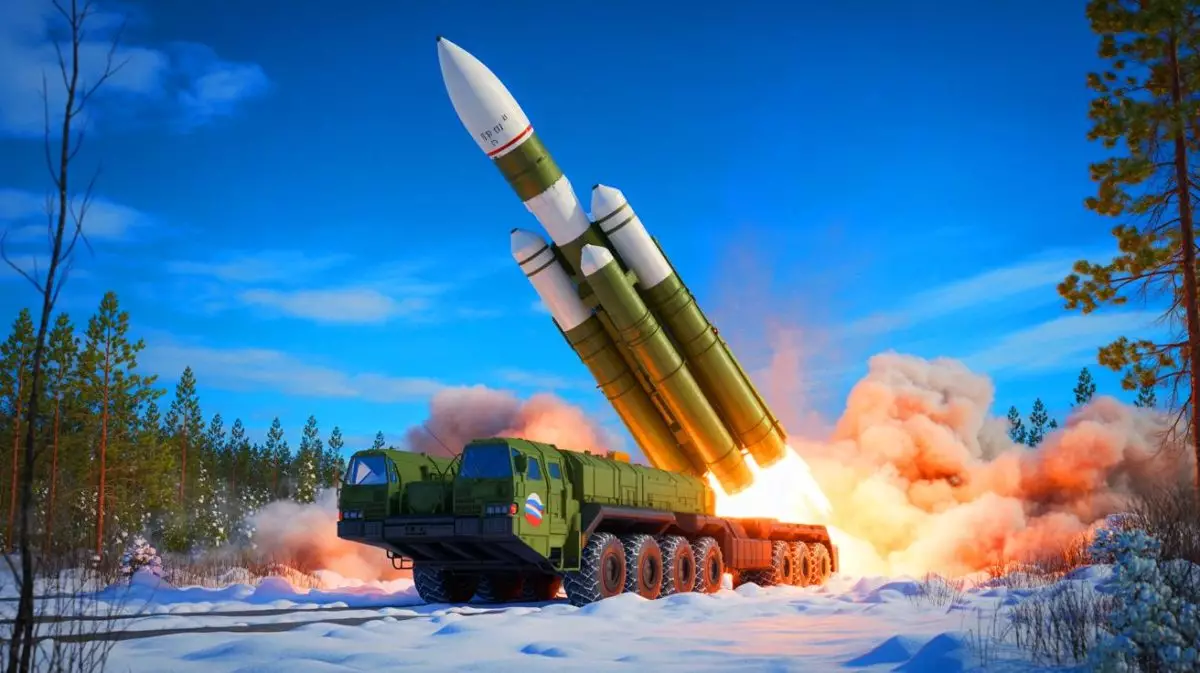 Illustration of an RS-24 Yars intercontinental ballistic missile launcher. Image generated by AI.