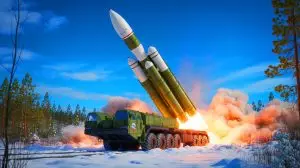 Illustration of an RS-24 Yars intercontinental ballistic missile launcher. Image generated by AI.