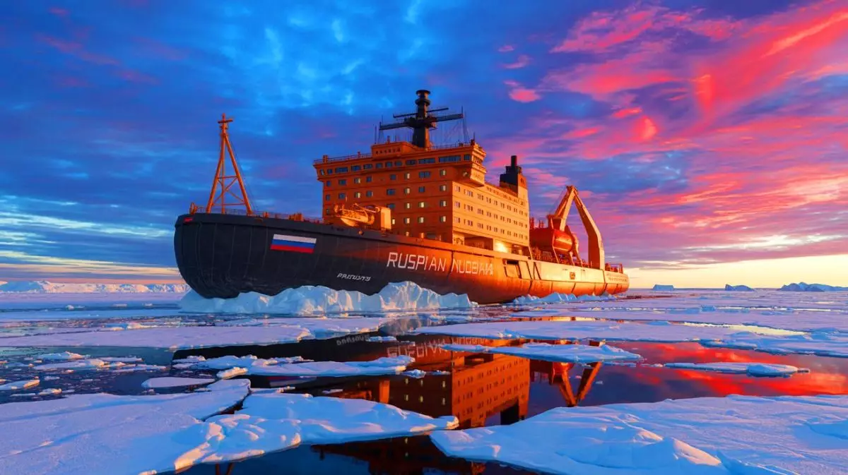 Illustration of a Russian nuclear icebreaker navigating the Arctic waters. Image generated by AI.