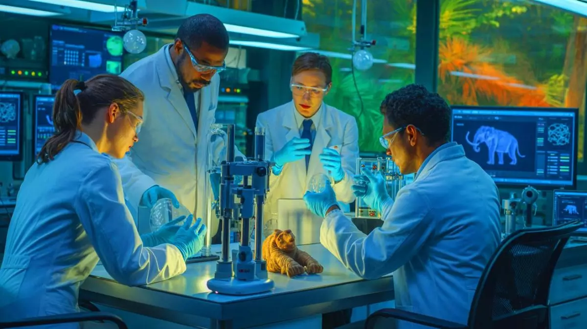 Illustration of scientists working on reviving the woolly mammoth through genetic engineering. Image generated by AI.