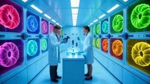 Illustration of the Microbiota Vault preserving human fecal samples for future microbial diversity. Image generated by AI.