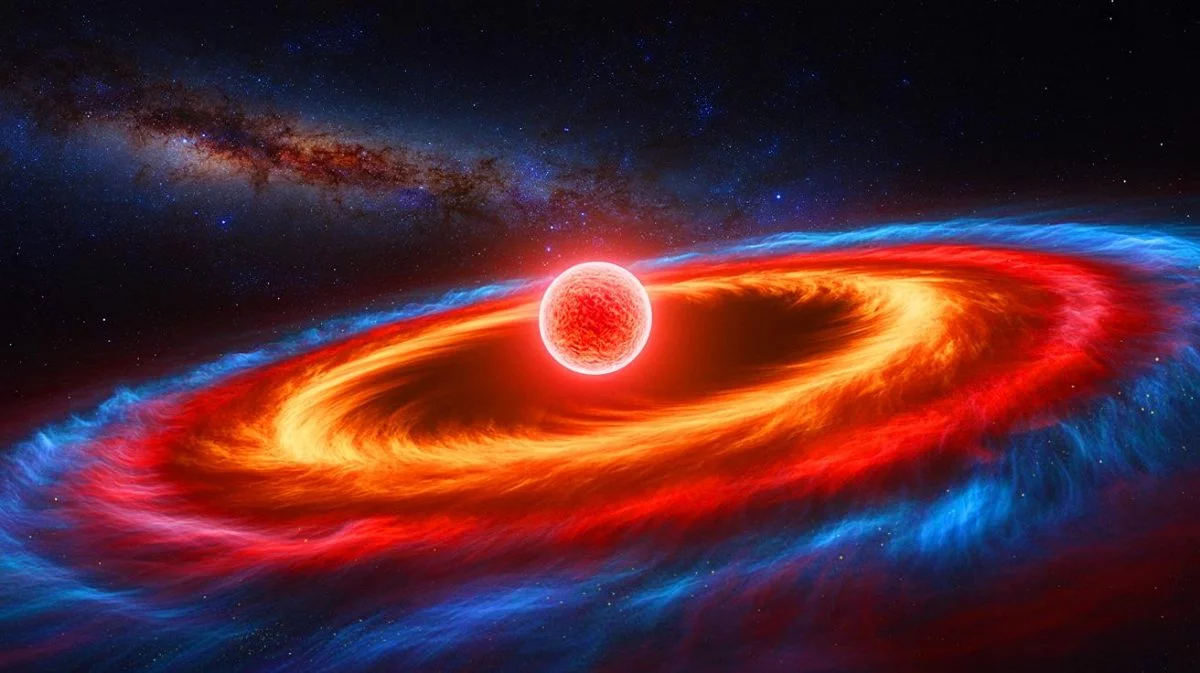 Illustration of methanol isotopes in the dust disk surrounding the star HD 100453. Image generated by AI.