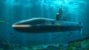 Illustration of the US Navy's Ocean Explorer autonomous submarine navigating underwater. Image generated by AI.