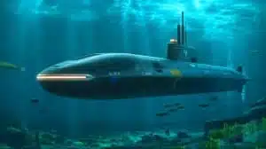 Illustration of the US Navy's Ocean Explorer autonomous submarine navigating underwater. Image generated by AI.