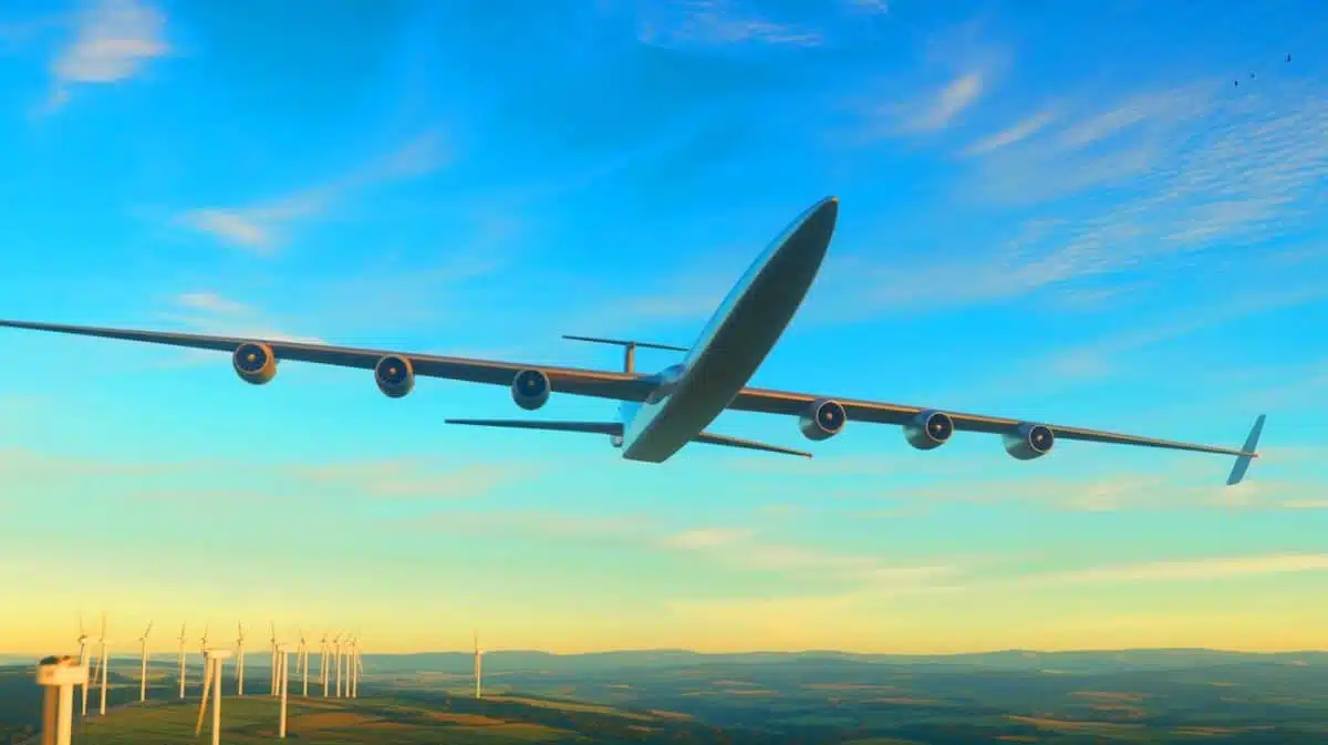 Illustration of an aircraft designed to transport oversized wind turbine blades. Image generated by AI.