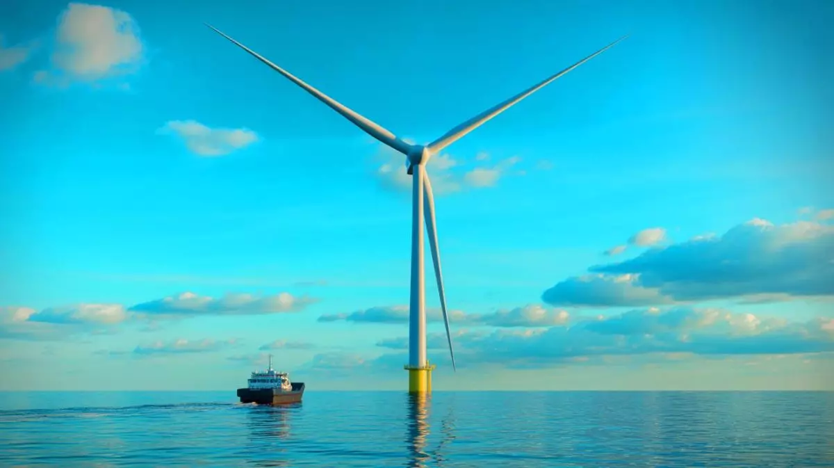 Illustration of China's Qihang wind turbine towering over France's tallest skyscraper. Image generated by AI.