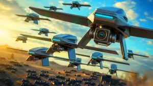 Illustration of autonomous drone swarms in action on the battlefield. Image generated by AI.
