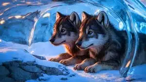 Illustration of ancient wolf cubs preserved in ice for 14,000 years. Image generated by AI.