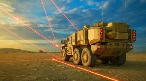 Illustration of KWESST's Battlefield Laser Detection System in action on the modern battlefield. Image generated by AI.