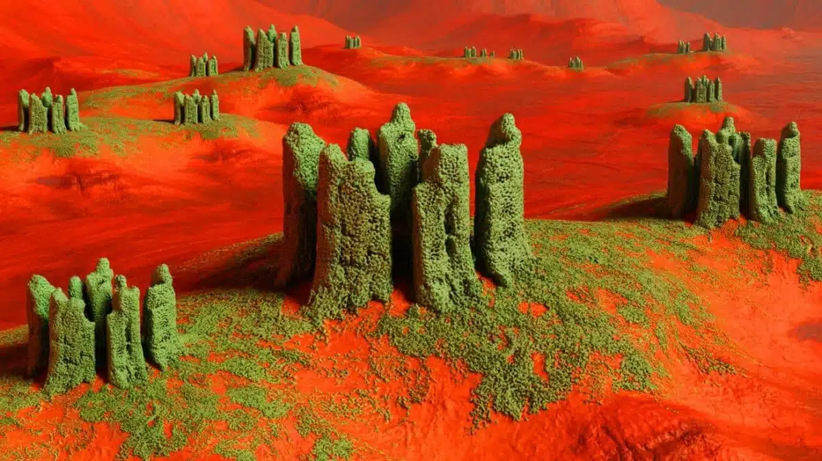 Illustration of synthetic lichen autonomously constructing structures on Mars. Image generated by AI.