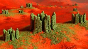 Illustration of synthetic lichen autonomously constructing structures on Mars. Image generated by AI.