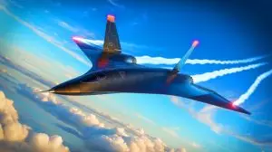 Illustration of the SR-72 hypersonic aircraft concept soaring through the sky. Image generated by AI.