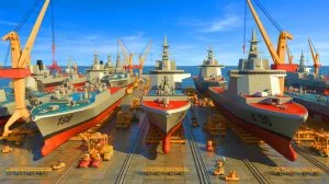 Illustration of the strategic efforts to expand the U.S. Navy's fleet and counter China's naval rise. Image generated by AI.