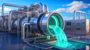 Illustration of a carbon capture system using acid vapor to prevent salt buildup. Image generated by AI.