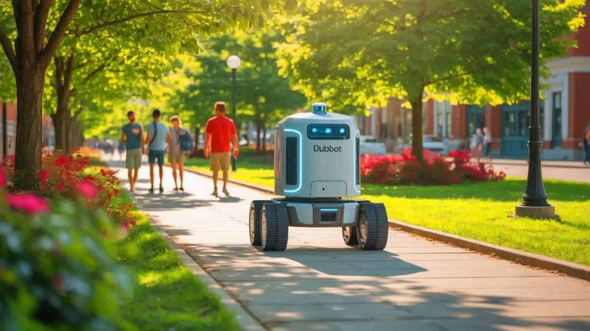 Illustration of Dubbot, the autonomous safety robot patrolling Dublin, Ohio. Image generated by AI.