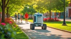 Illustration of Dubbot, the autonomous safety robot patrolling Dublin, Ohio. Image generated by AI.