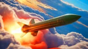 Illustration of the Fattah ballistic missile in flight over a landscape, demonstrating its advanced hypersonic capabilities. Image generated by AI.