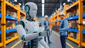 Illustration of the HMND 01 humanoid robot prototype designed by Humanoid for industrial transformation. Image generated by AI.