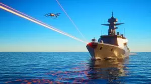 Illustration of the US Navy's SONGBOW program featuring a futuristic 400-kilowatt laser weapon. Image generated by AI.