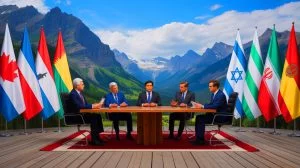 Illustration of the G7 summit overshadowed by escalating tensions between Israel and Iran. Image generated by AI.