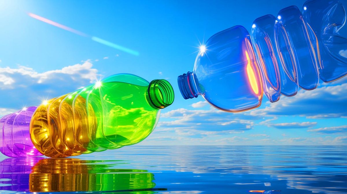 Illustration of the transformation of plastic waste into clean hydrogen fuel using sunlight. Image generated by AI.