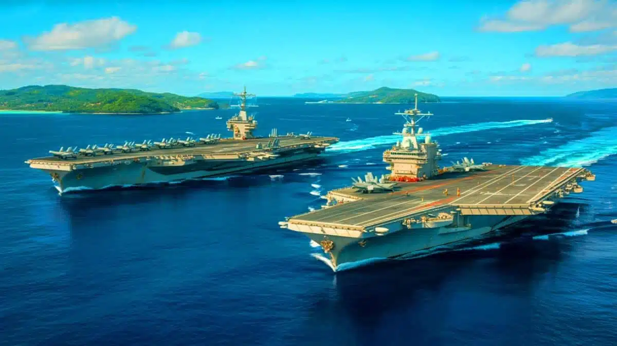 Illustration of U.S. aircraft carriers USS Nimitz and USS George Washington facing off against China in the Pacific. Image generated by AI.