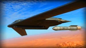 Illustration of the GBU-57/B "Massive Ordnance Penetrator" being deployed by a B-2 Spirit stealth bomber. Image generated by AI.
