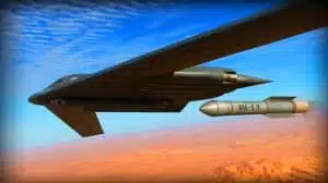Illustration of the GBU-57/B "Massive Ordnance Penetrator" being deployed by a B-2 Spirit stealth bomber. Image generated by AI.