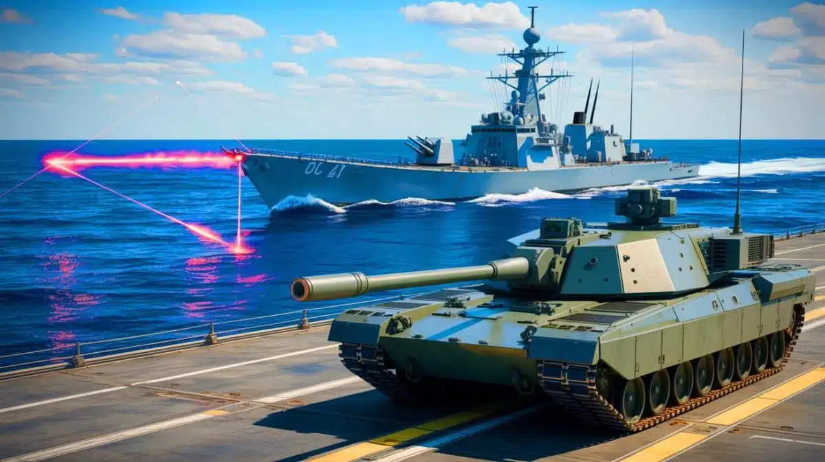 Illustration of the UK Royal Navy's DragonFire laser weapon system and Challenger main battle tank. Image generated by AI.