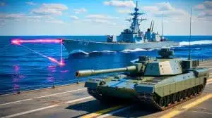 Illustration of the UK Royal Navy's DragonFire laser weapon system and Challenger main battle tank. Image generated by AI.