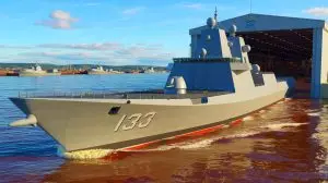 Illustration of the HMS Venturer, the first vessel in the Royal Navy's Type 31 frigate program. Image generated by AI.