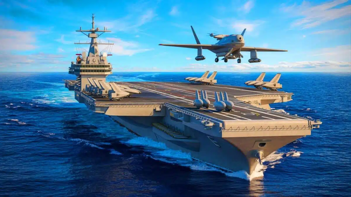 Illustration of the UK’s Queen Elizabeth-class aircraft carrier equipped with deck-launched long-range missiles and uncrewed aerial systems. Image generated by AI.