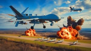Illustration of Ukraine's "Operation Spiderweb" drone strike targeting Russian missile carriers. Image generated by AI.