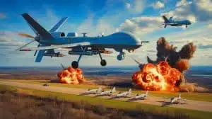 Illustration of Ukraine's "Operation Spiderweb" drone strike targeting Russian missile carriers. Image generated by AI.