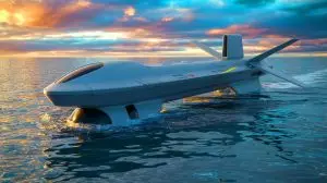 Illustration de l'ASW-USV, le drone de mer sud-coréen équipé de sonars avancés pour la surveillance sous-marine. Image réalisée par IA.