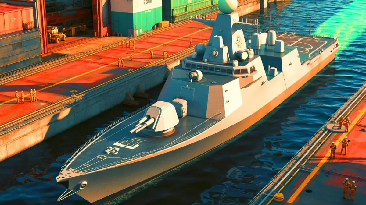Illustration de la frégate HMS Venturer du programme Type 31 de la Royal Navy. Image réalisée par IA.
