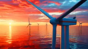 Illustration de l'éolienne offshore Qihang de la Chine, surpassant la hauteur de la First Tower. Image réalisée par IA.